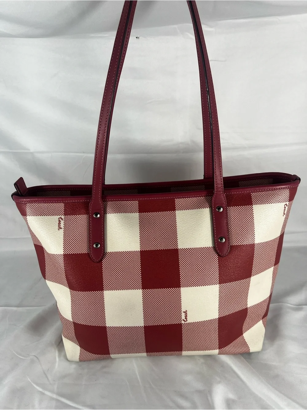 Coach Red and Cream Gingham Tote with Wristlet